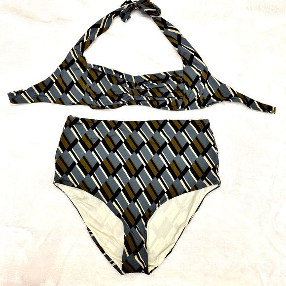 SIYU High Waist Women's Swim Set SZ 8 Clave Stale Blue Geometric Halter Top - Picture 3 of 15